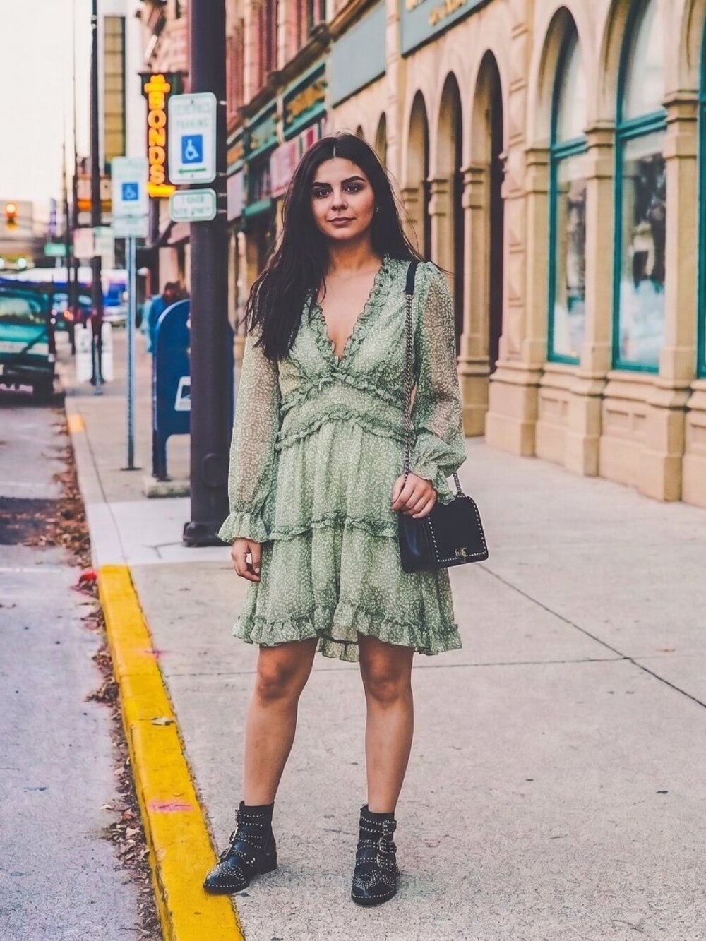 Green animal print frilly dress